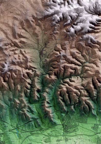 Mapa artístico del relieve de la Pobla de Montornès, al Tarragonès, con 15 km de entorno y base topográfica ICGC. Detalle de la zona superior derecha.