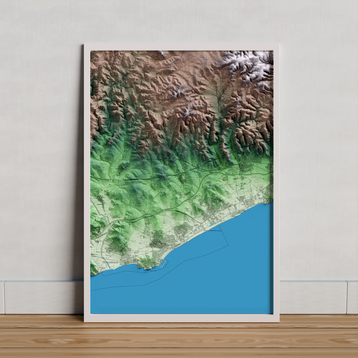 Mapa artístico del relieve de la Pobla de Montornès, al Tarragonès, con 15 km de entorno y base topográfica ICGC. Presentación enmarcada.