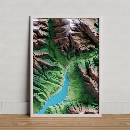 Mapa artístico del relieve de la Pobla de Segur, al Pallars Jussà, con 15 km de entorno y base topográfica ICGC. Presentación enmarcada.