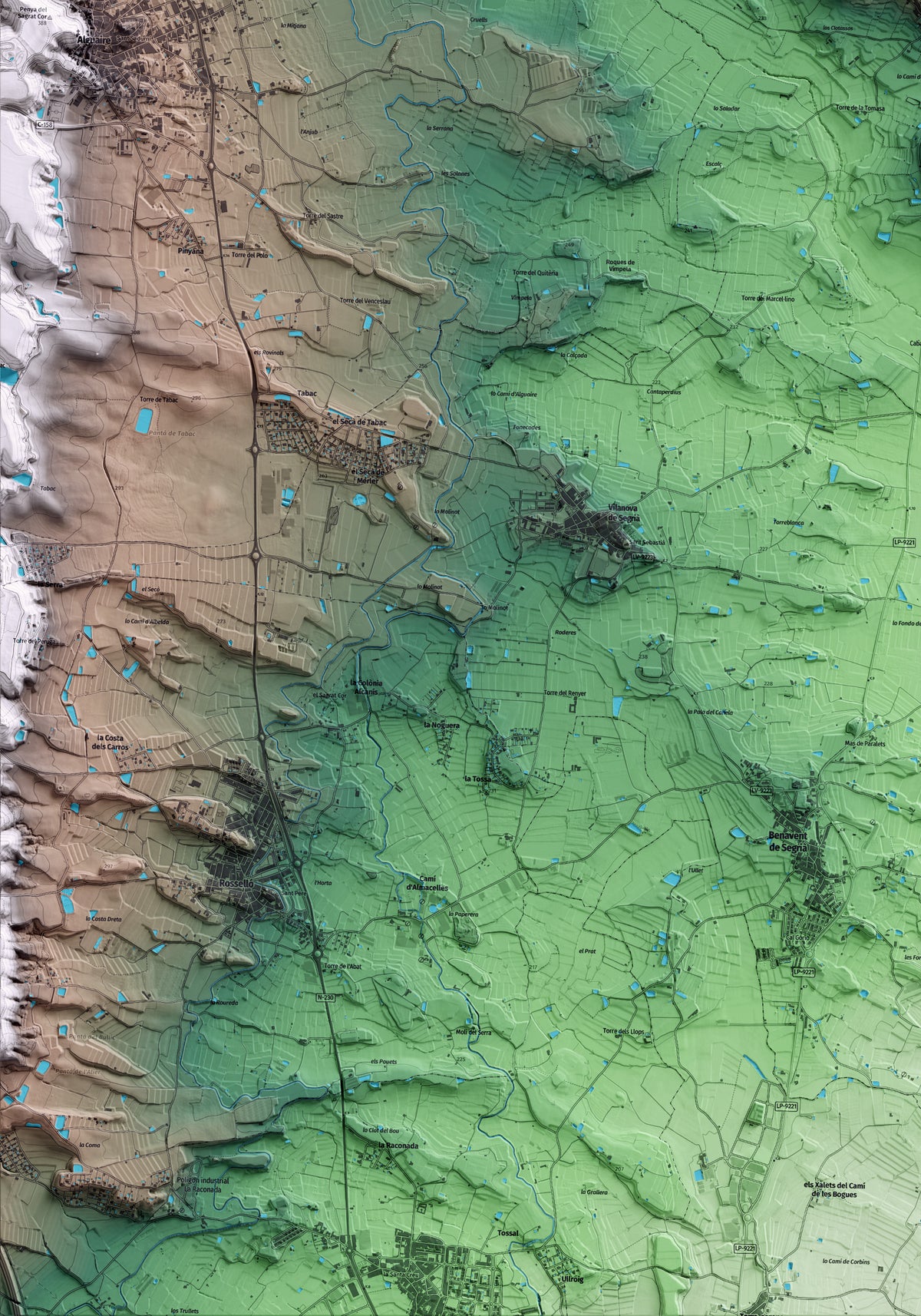 Mapa artístico del relieve de la Portella, al Segrià, con 15 km de entorno y base topográfica ICGC. Detalle de la zona inferior izquierda.