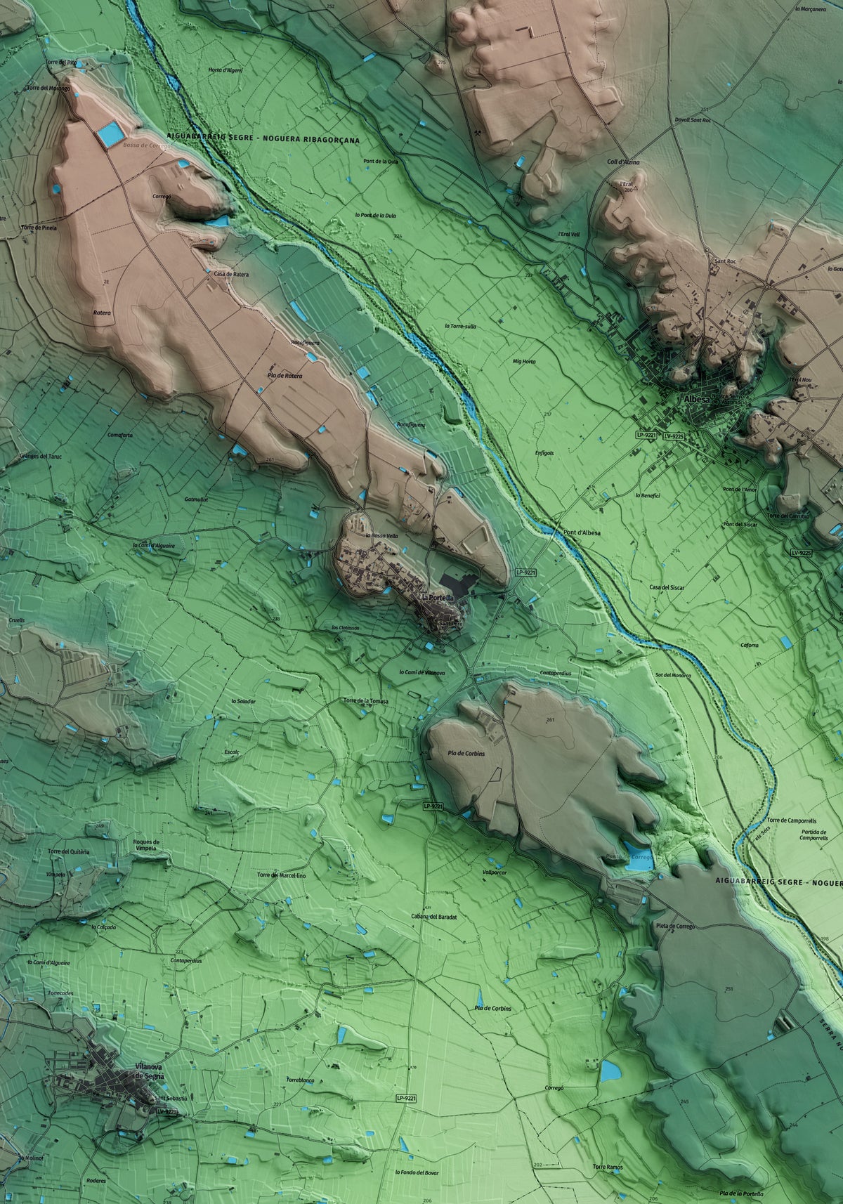 Mapa artístico del relieve de la Portella, al Segrià, con 15 km de entorno y base topográfica ICGC. Detalle de la zona central.