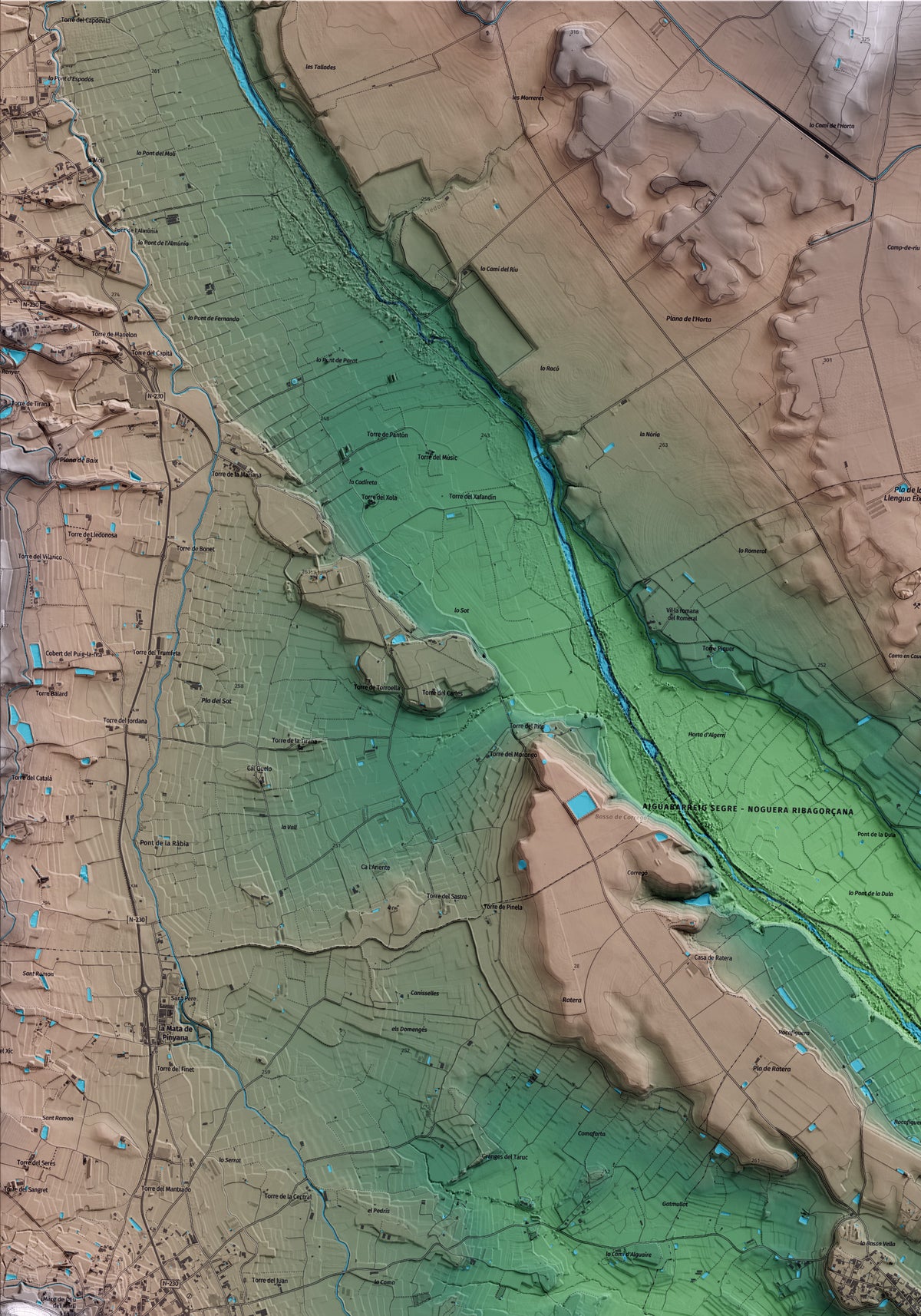 Mapa artístico del relieve de la Portella, al Segrià, con 15 km de entorno y base topográfica ICGC. Detalle de la zona superior izquierda.
