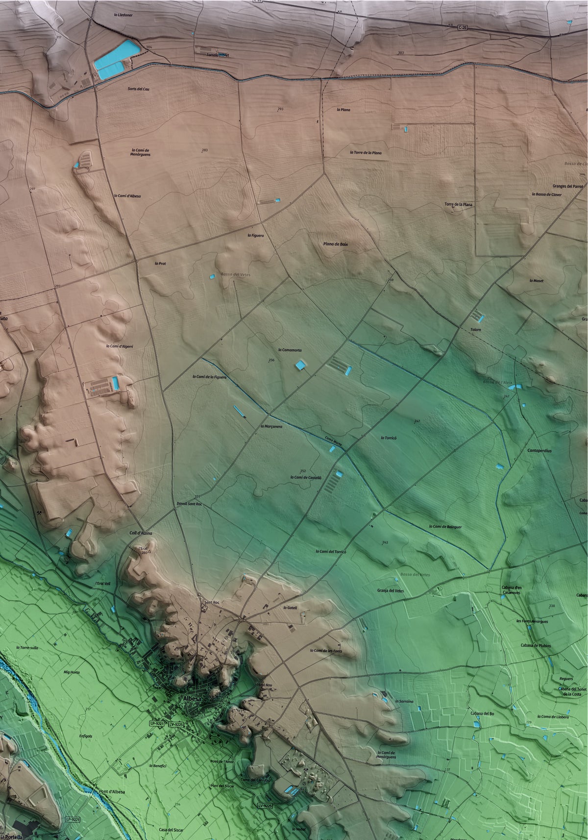 Mapa artístico del relieve de la Portella, al Segrià, con 15 km de entorno y base topográfica ICGC. Detalle de la zona superior derecha.