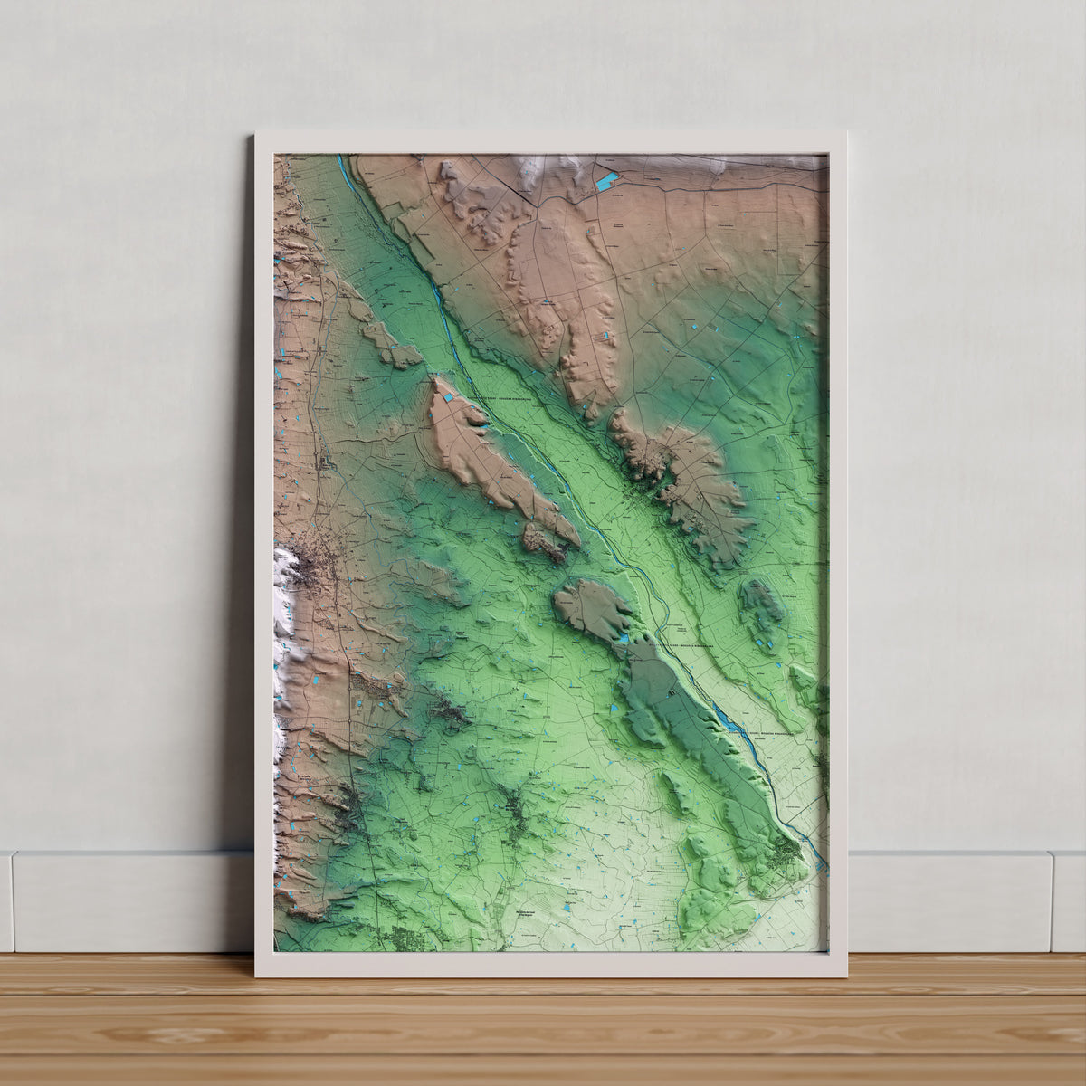 Mapa artístico del relieve de la Portella, al Segrià, con 15 km de entorno y base topográfica ICGC. Presentación enmarcada.