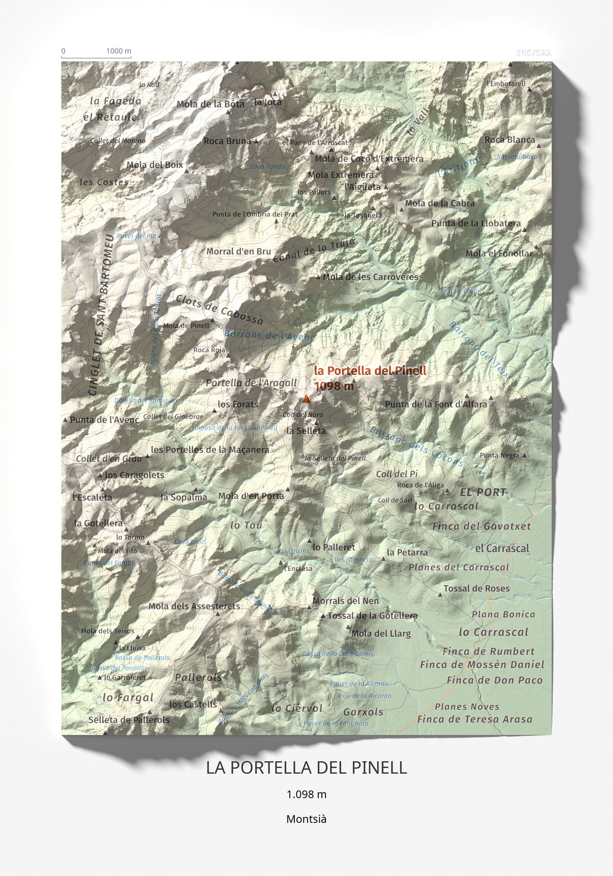 Mapa de relieve de la Portella del Pinell, 1098 m, Montsià, lámina 100 Cims de Trobart 21 × 30 cm.