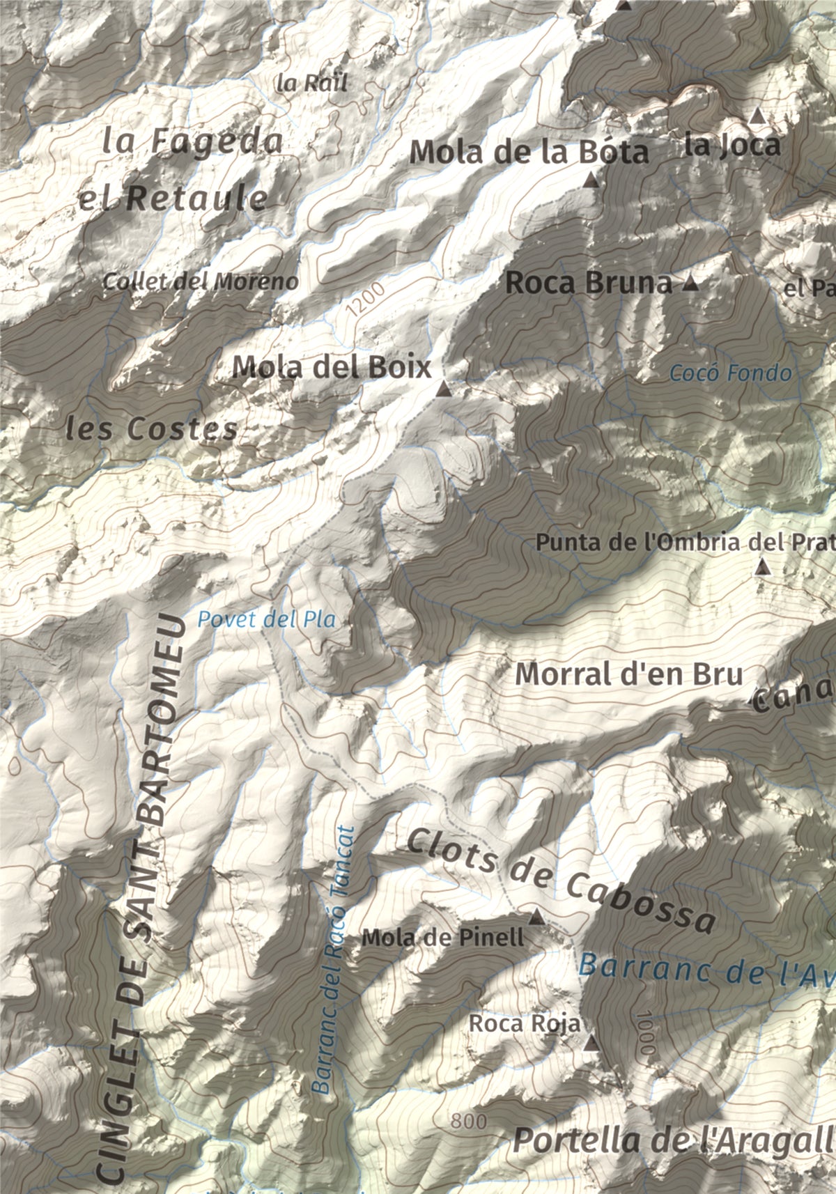 Mapa de relieve de la Portella del Pinell, 1098 m, Montsià, lámina 100 Cims de Trobart. Detalle de la zona superior izquierda. 21 × 30 cm.