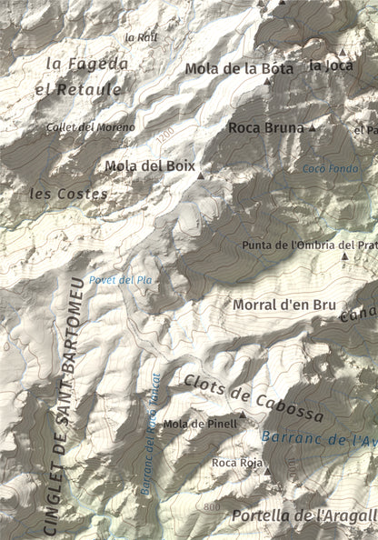 Mapa de relieve de la Portella del Pinell, 1098 m, Montsià, lámina 100 Cims de Trobart. Detalle de la zona superior izquierda. 21 × 30 cm.