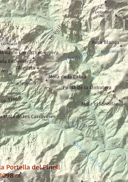 Mapa de relieve de la Portella del Pinell, 1098 m, Montsià, lámina 100 Cims de Trobart. Detalle de la zona superior derecha. 21 × 30 cm.