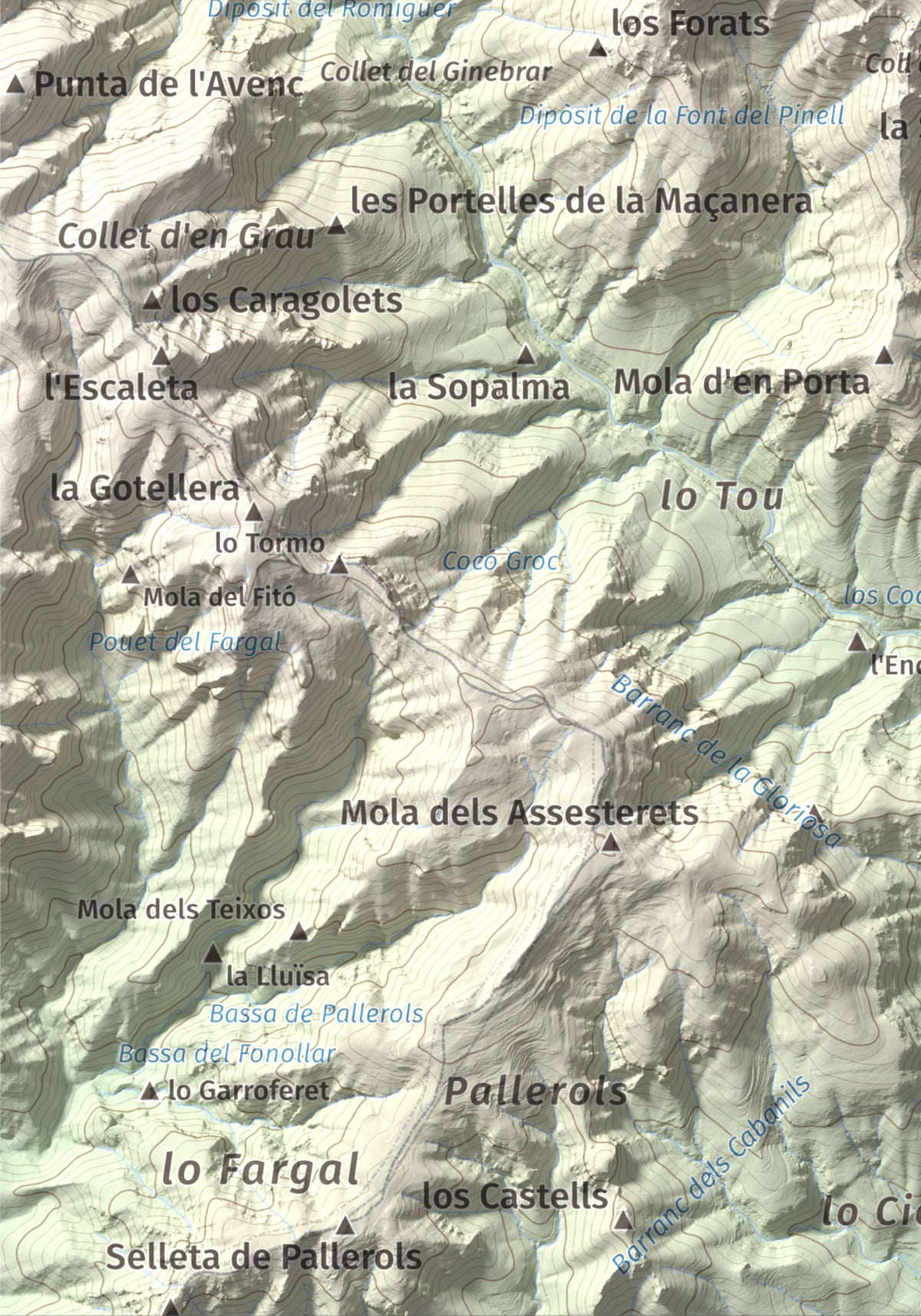Mapa de relieve de la Portella del Pinell, 1098 m, Montsià, lámina 100 Cims de Trobart. Detalle de la zona inferior izquierda. 21 × 30 cm.