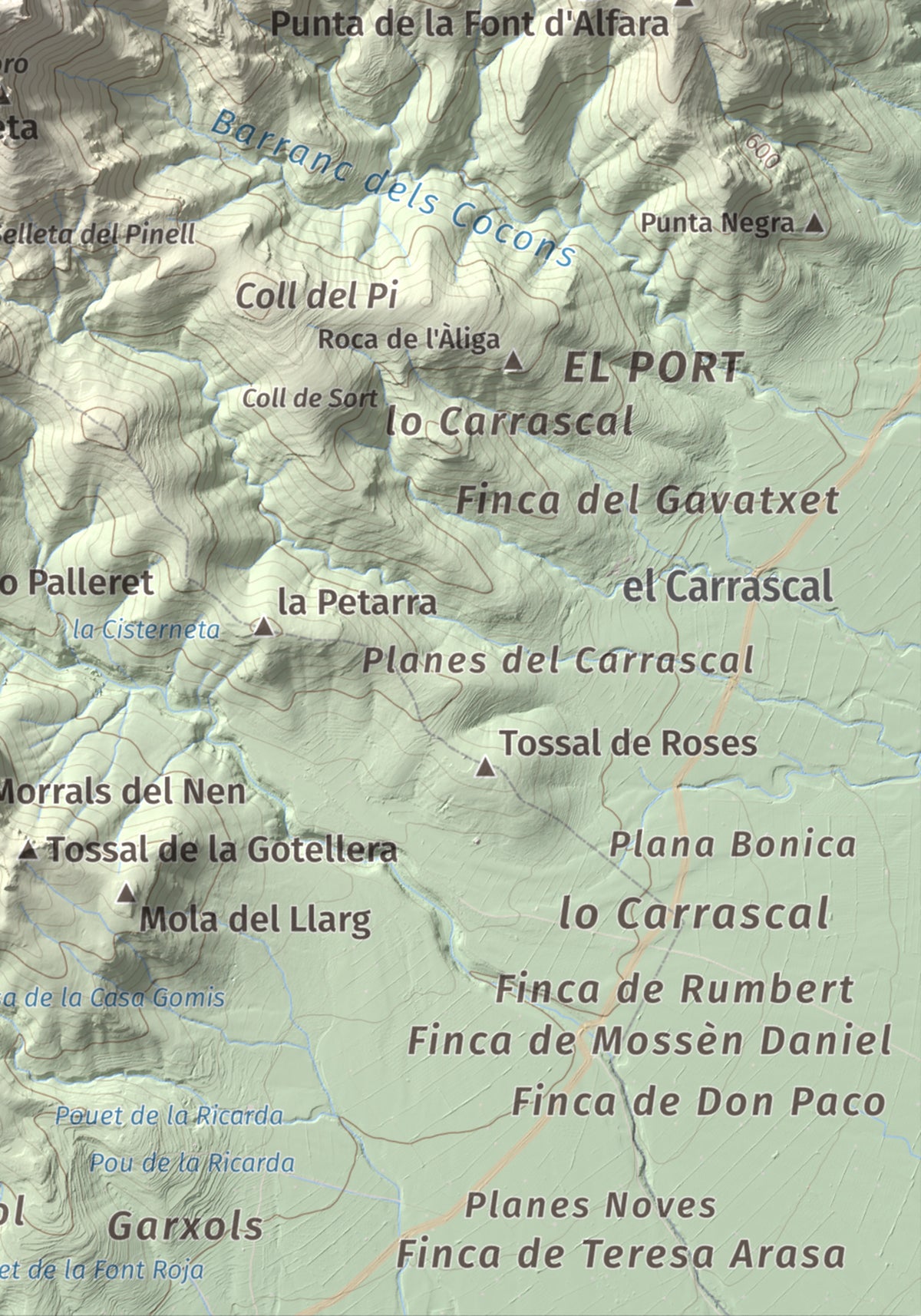 Mapa de relieve de la Portella del Pinell, 1098 m, Montsià, lámina 100 Cims de Trobart. Detalle de la zona inferior derecha. 21 × 30 cm.
