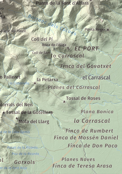 Mapa de relieve de la Portella del Pinell, 1098 m, Montsià, lámina 100 Cims de Trobart. Detalle de la zona inferior derecha. 21 × 30 cm.