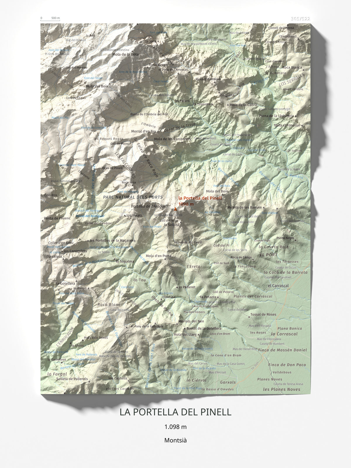 Mapa de relieve de la Portella del Pinell, 1098 m, Montsià, lámina 100 Cims de Trobart 30 × 40 cm.