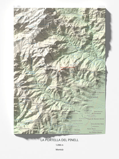 Mapa de relieve de la Portella del Pinell, 1098 m, Montsià, lámina 100 Cims de Trobart 30 × 40 cm.