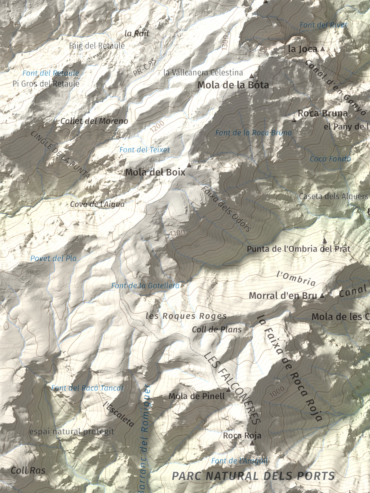 Mapa de relieve de la Portella del Pinell, 1098 m, Montsià, lámina 100 Cims de Trobart. Detalle de la zona superior izquierda. 30 × 40 cm.