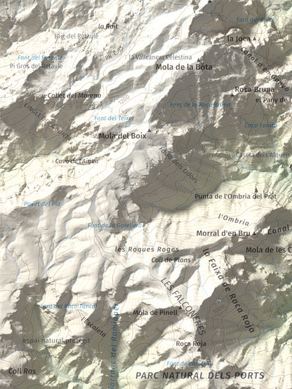 Mapa de relieve de la Portella del Pinell, 1098 m, Montsià, lámina 100 Cims de Trobart. Detalle de la zona superior izquierda. 30 × 40 cm.
