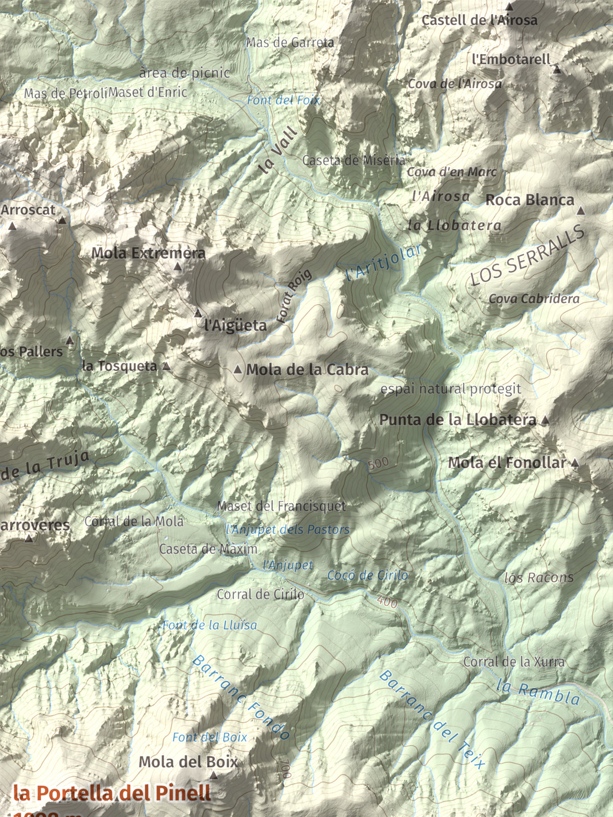 Mapa de relieve de la Portella del Pinell, 1098 m, Montsià, lámina 100 Cims de Trobart. Detalle de la zona superior derecha. 30 × 40 cm.