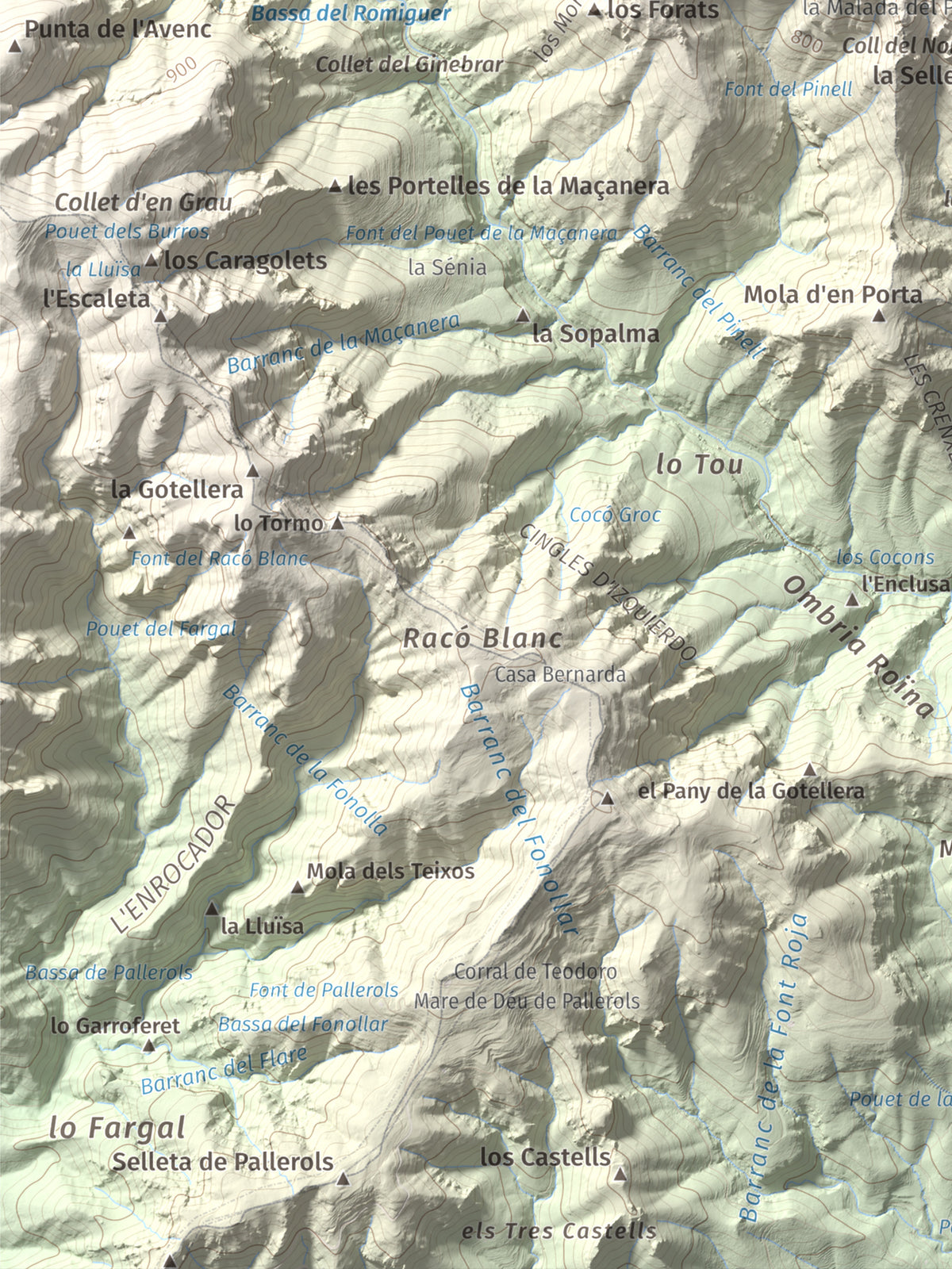 Mapa de relieve de la Portella del Pinell, 1098 m, Montsià, lámina 100 Cims de Trobart. Detalle de la zona inferior izquierda. 30 × 40 cm.