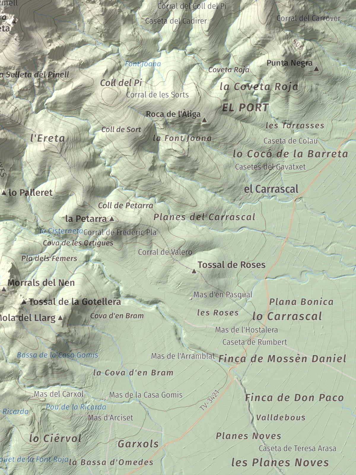Mapa de relieve de la Portella del Pinell, 1098 m, Montsià, lámina 100 Cims de Trobart. Detalle de la zona inferior derecha. 30 × 40 cm.