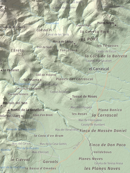 Mapa de relieve de la Portella del Pinell, 1098 m, Montsià, lámina 100 Cims de Trobart. Detalle de la zona inferior derecha. 30 × 40 cm.