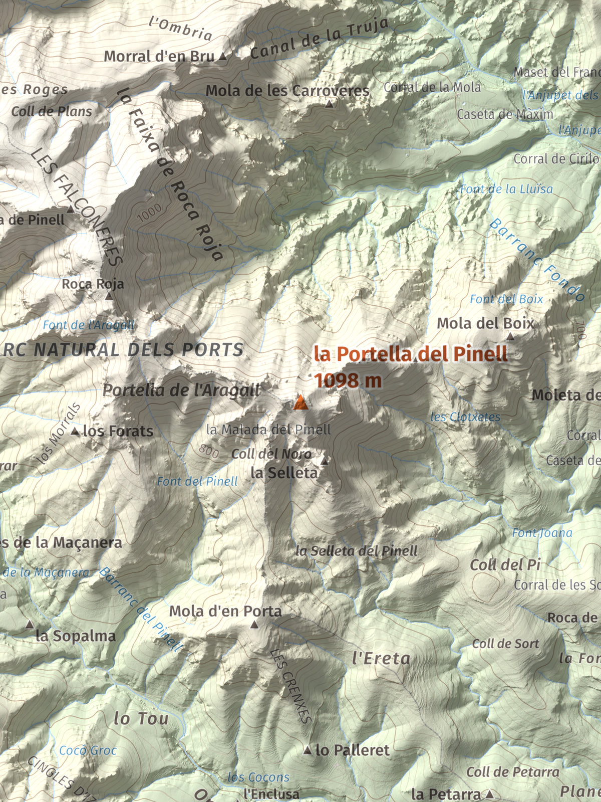 Mapa de relieve de la Portella del Pinell, 1098 m, Montsià, lámina 100 Cims de Trobart. Detalle de la zona central. 30 × 40 cm.