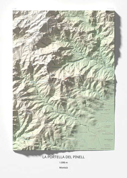 Mapa de relieve de la Portella del Pinell, 1098 m, Montsià, lámina 100 Cims de Trobart 50 × 70 cm.