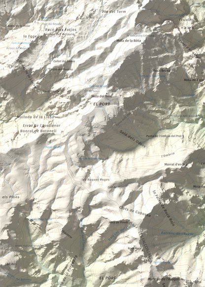 Mapa de relieve de la Portella del Pinell, 1098 m, Montsià, lámina 100 Cims de Trobart. Detalle de la zona superior izquierda. 50 × 70 cm.