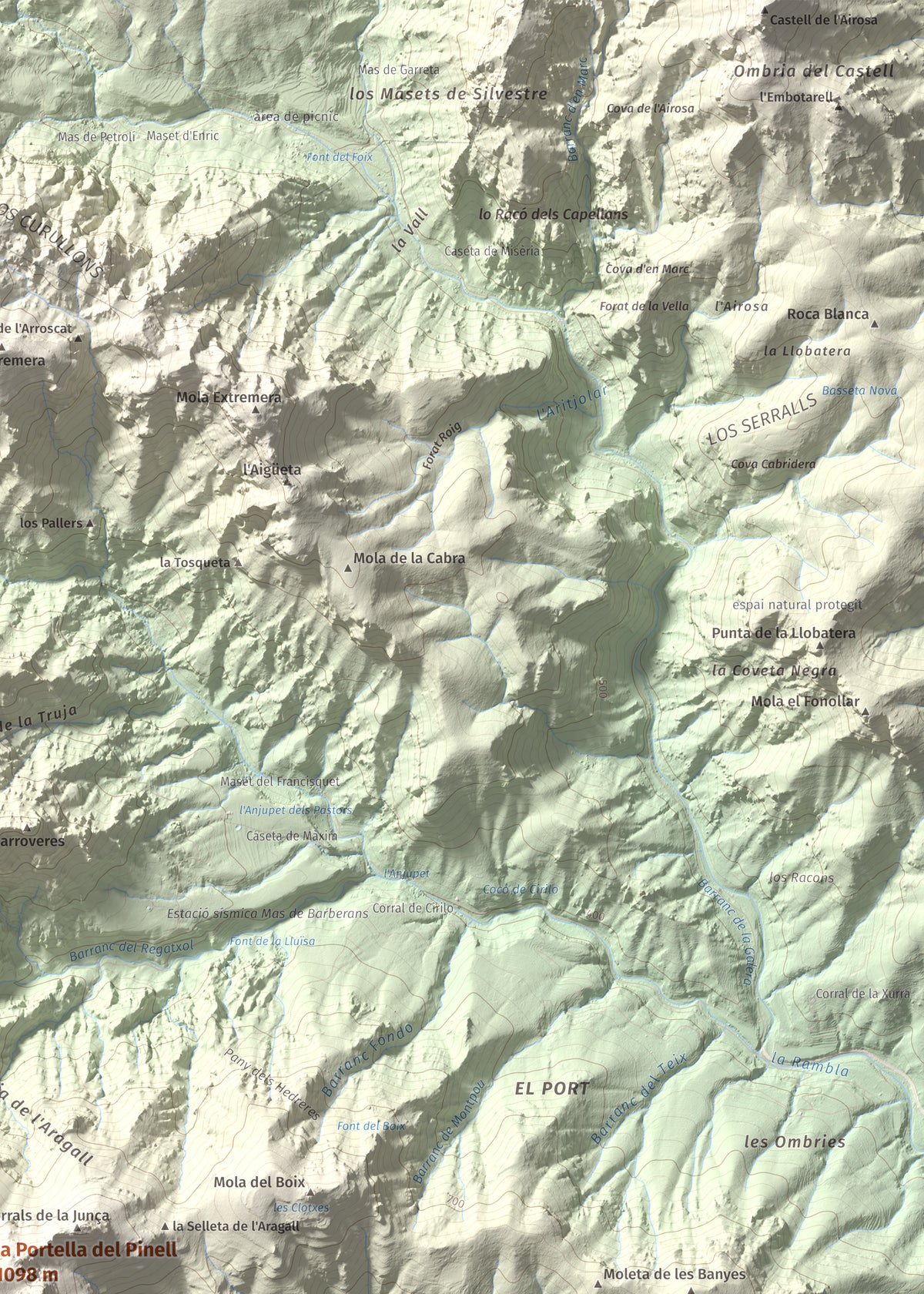 Mapa de relieve de la Portella del Pinell, 1098 m, Montsià, lámina 100 Cims de Trobart. Detalle de la zona superior derecha. 50 × 70 cm.