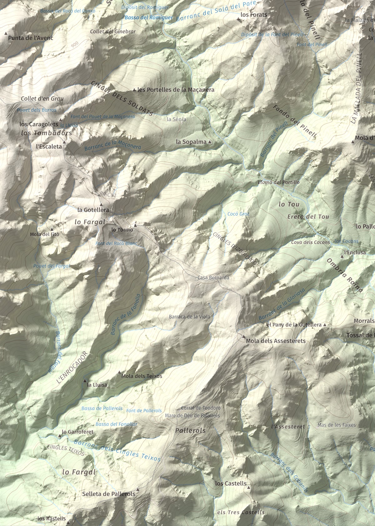 Mapa de relieve de la Portella del Pinell, 1098 m, Montsià, lámina 100 Cims de Trobart. Detalle de la zona inferior izquierda. 50 × 70 cm.