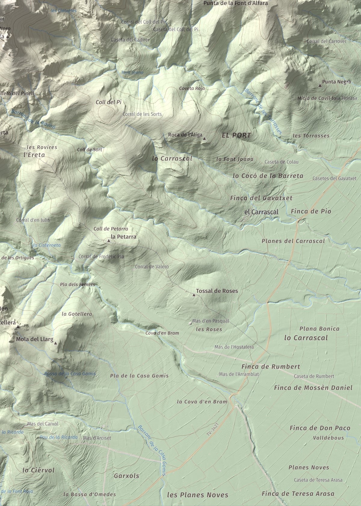 Mapa de relieve de la Portella del Pinell, 1098 m, Montsià, lámina 100 Cims de Trobart. Detalle de la zona inferior derecha. 50 × 70 cm.