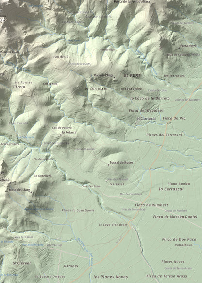 Mapa de relieve de la Portella del Pinell, 1098 m, Montsià, lámina 100 Cims de Trobart. Detalle de la zona inferior derecha. 50 × 70 cm.