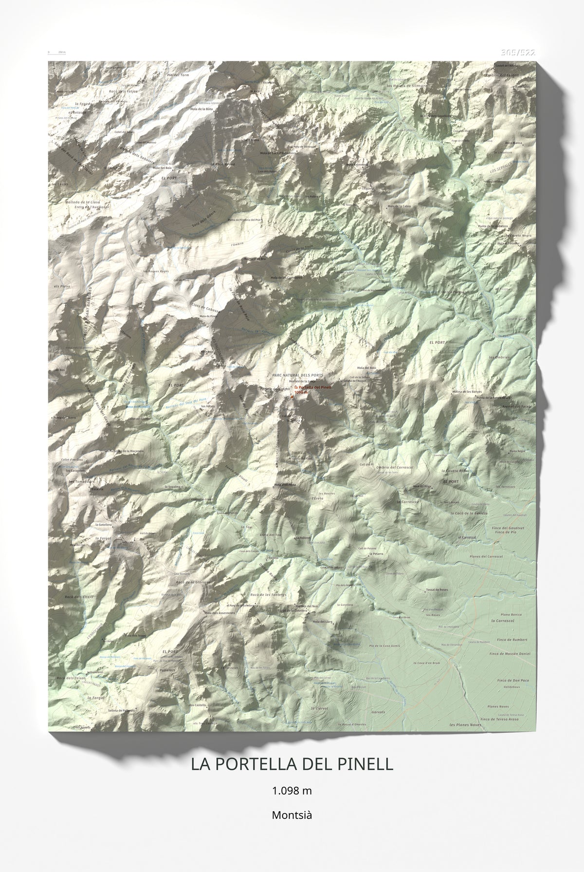 Mapa de relieve de la Portella del Pinell, 1098 m, Montsià, lámina 100 Cims de Trobart 61 × 91 cm.