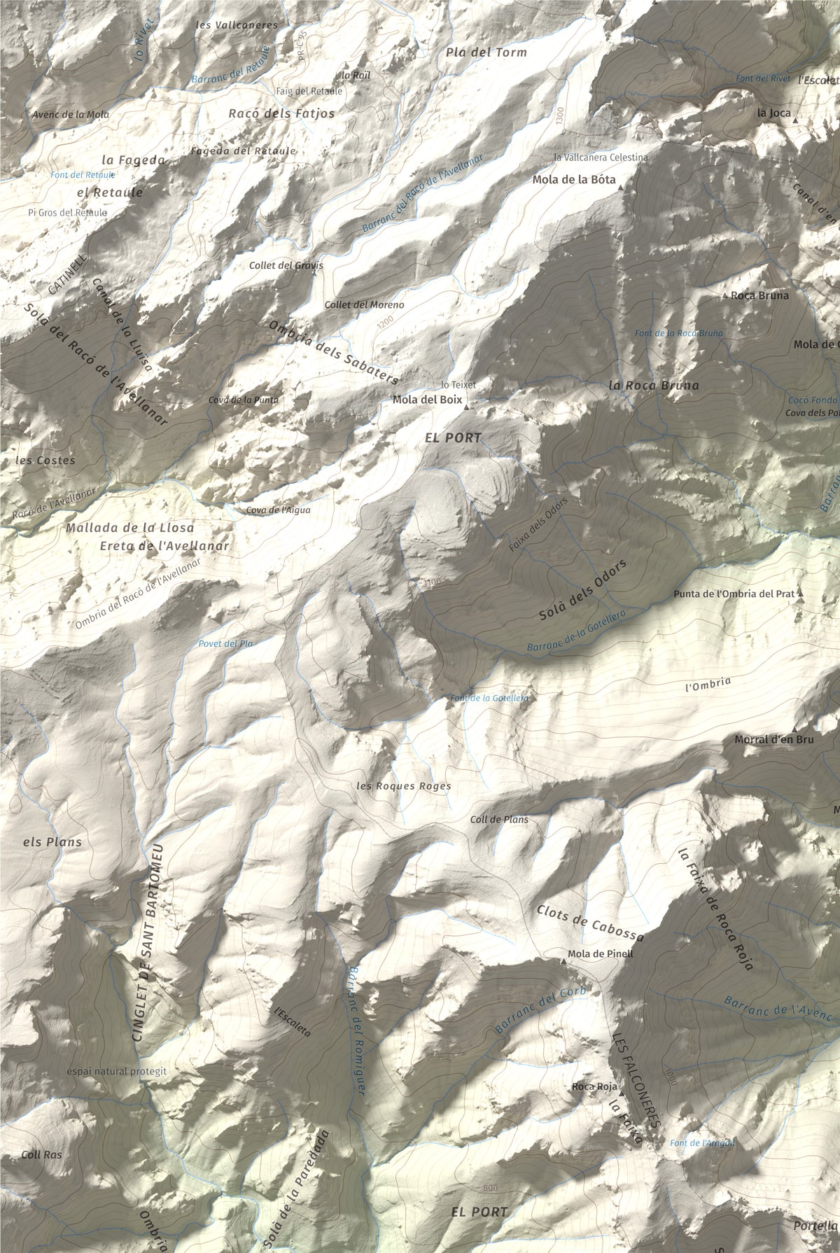 Mapa de relieve de la Portella del Pinell, 1098 m, Montsià, lámina 100 Cims de Trobart. Detalle de la zona superior izquierda. 61 × 91 cm.
