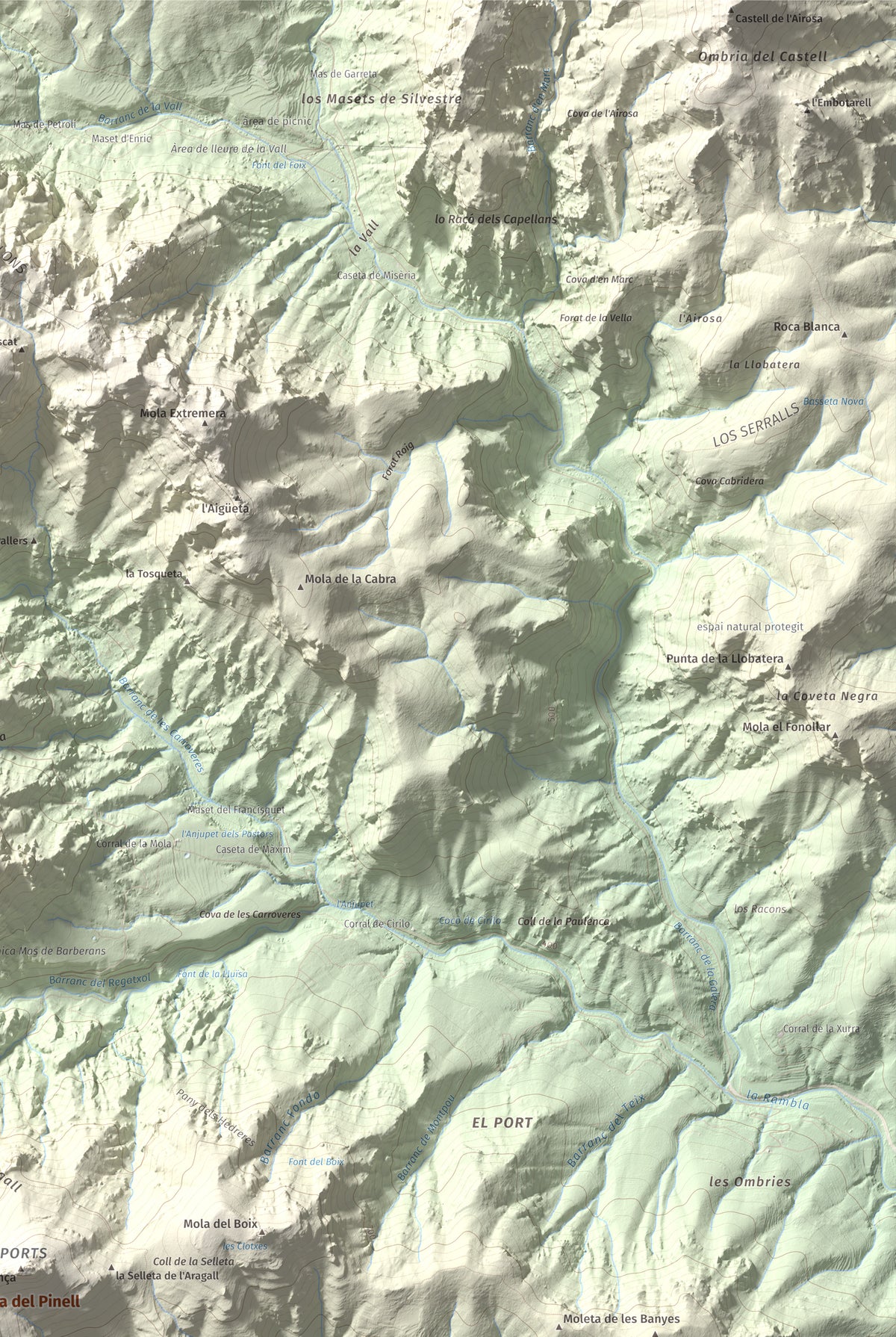 Mapa de relieve de la Portella del Pinell, 1098 m, Montsià, lámina 100 Cims de Trobart. Detalle de la zona superior derecha. 61 × 91 cm.