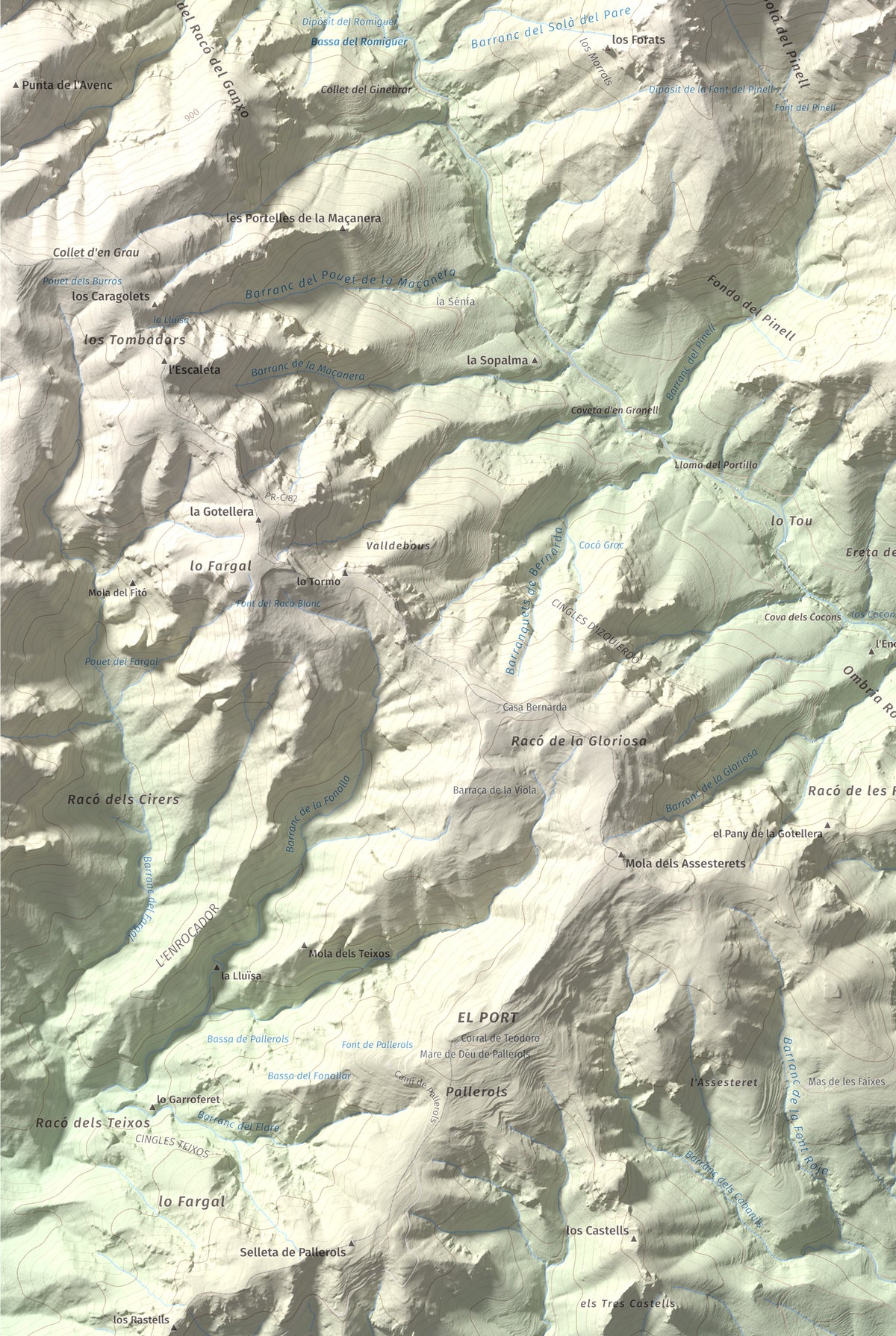 Mapa de relieve de la Portella del Pinell, 1098 m, Montsià, lámina 100 Cims de Trobart. Detalle de la zona inferior izquierda. 61 × 91 cm.