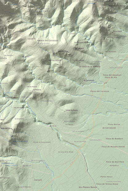 Mapa de relieve de la Portella del Pinell, 1098 m, Montsià, lámina 100 Cims de Trobart. Detalle de la zona inferior derecha. 61 × 91 cm.