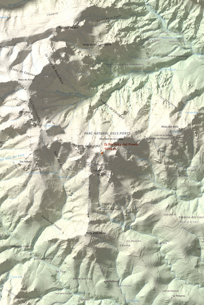 Mapa de relieve de la Portella del Pinell, 1098 m, Montsià, lámina 100 Cims de Trobart. Detalle de la zona central. 61 × 91 cm.