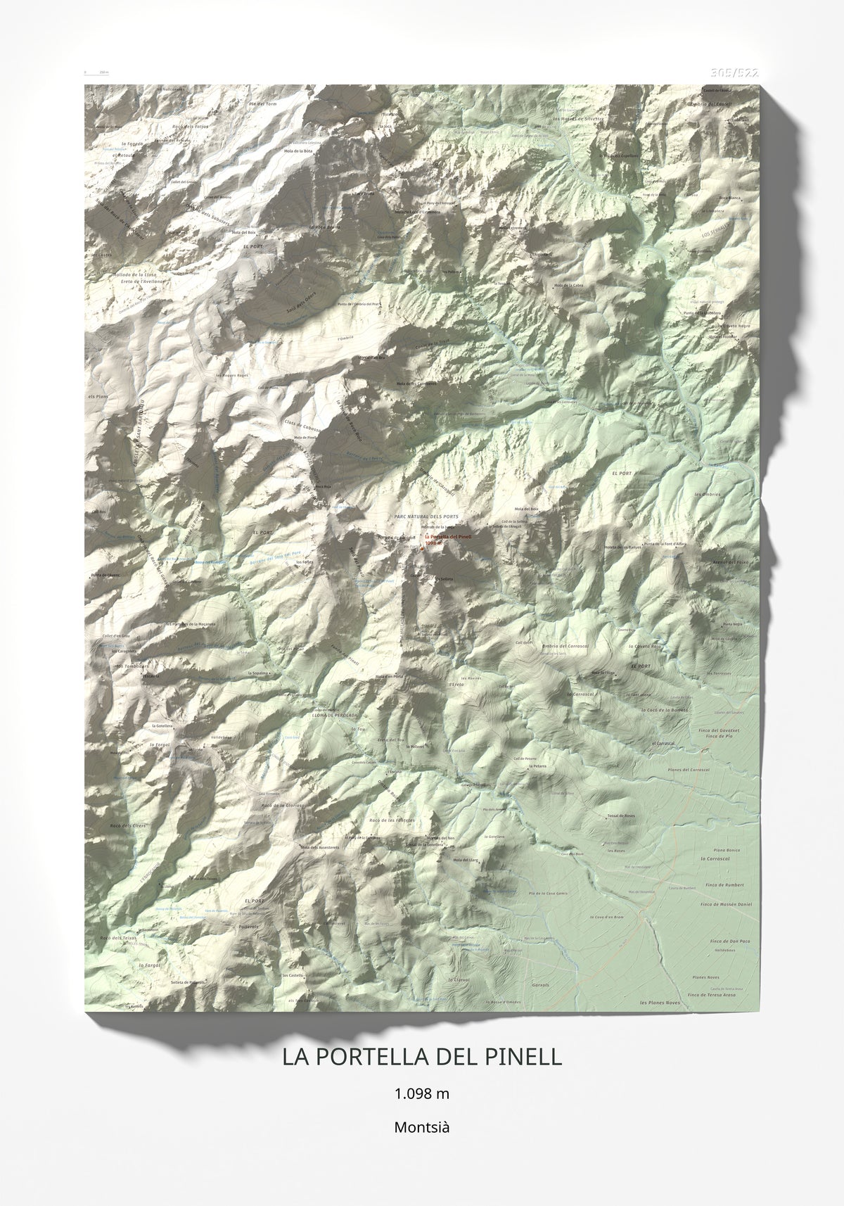 Mapa de relieve de la Portella del Pinell, 1098 m, Montsià, lámina 100 Cims de Trobart 70 × 100 cm.