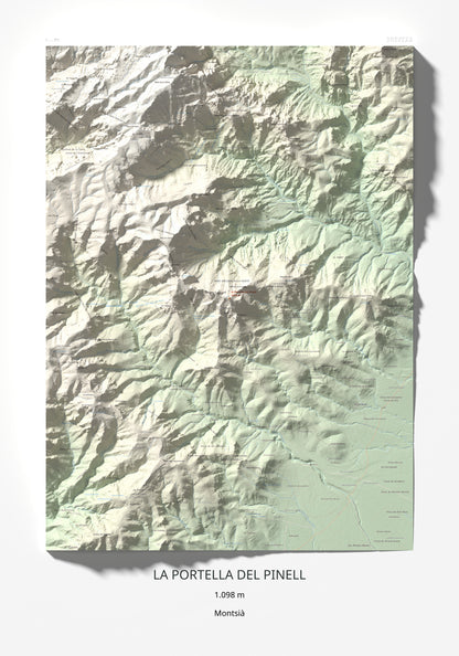 Mapa de relieve de la Portella del Pinell, 1098 m, Montsià, lámina 100 Cims de Trobart 70 × 100 cm.