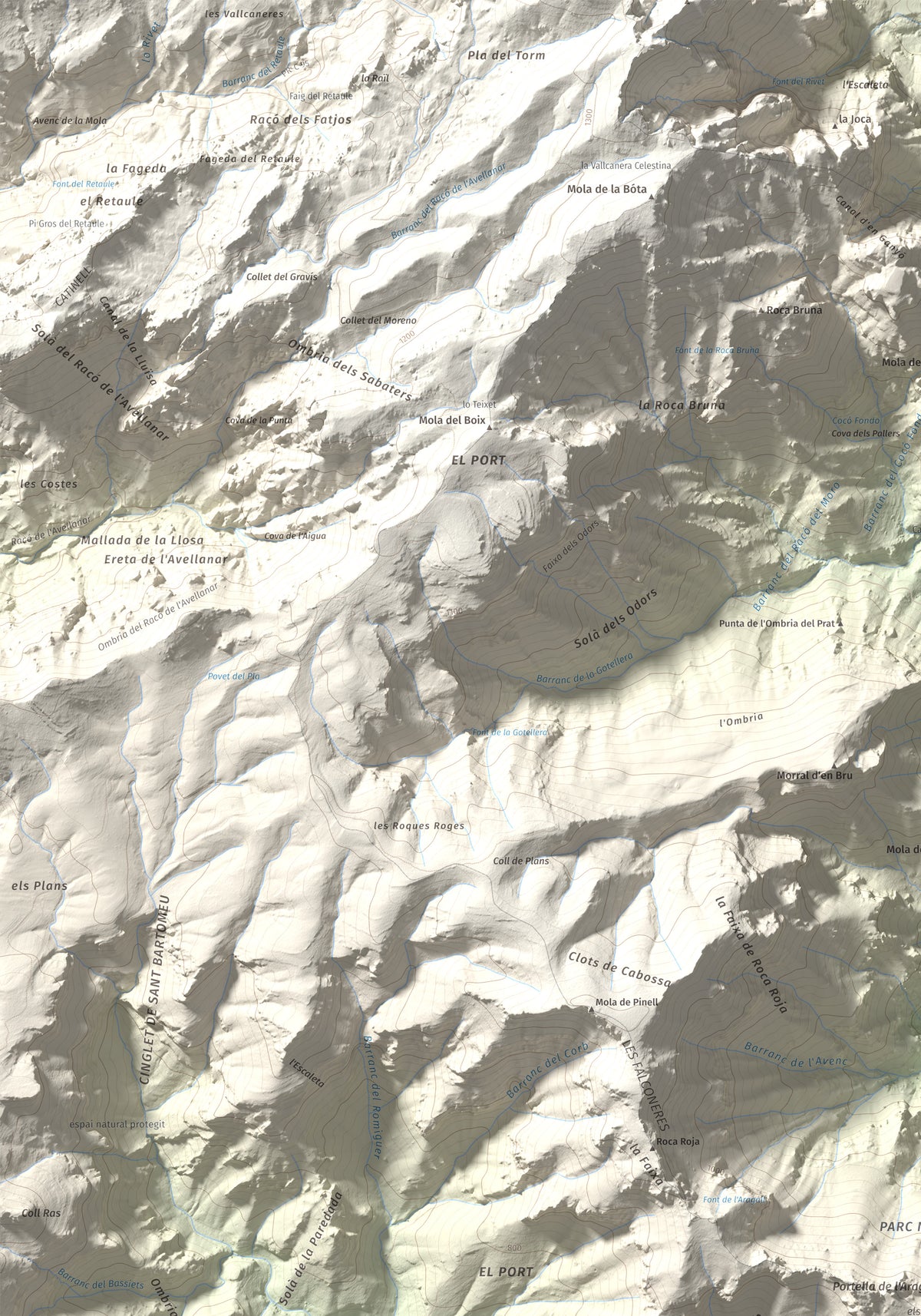 Mapa de relieve de la Portella del Pinell, 1098 m, Montsià, lámina 100 Cims de Trobart. Detalle de la zona superior izquierda. 70 × 100 cm.