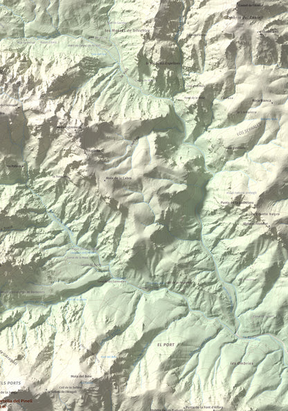 Mapa de relieve de la Portella del Pinell, 1098 m, Montsià, lámina 100 Cims de Trobart. Detalle de la zona superior derecha. 70 × 100 cm.