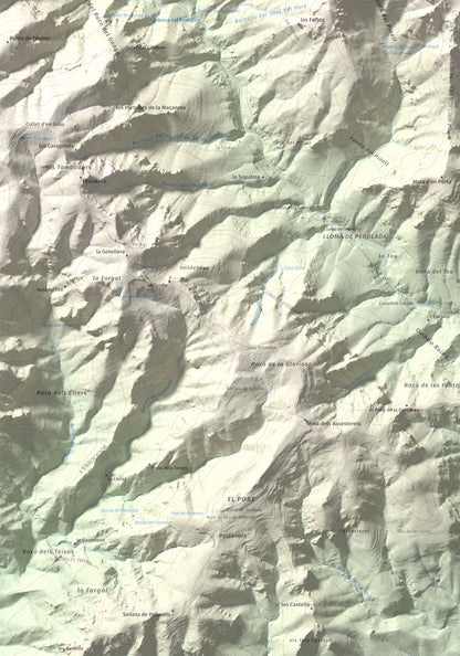 Mapa de relieve de la Portella del Pinell, 1098 m, Montsià, lámina 100 Cims de Trobart. Detalle de la zona inferior izquierda. 70 × 100 cm.