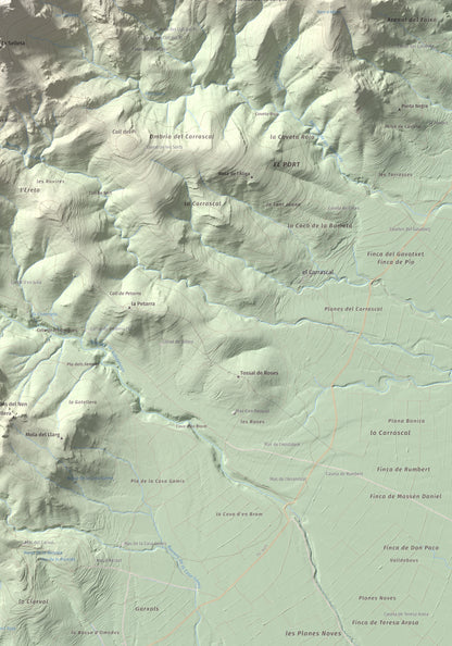 Mapa de relieve de la Portella del Pinell, 1098 m, Montsià, lámina 100 Cims de Trobart. Detalle de la zona inferior derecha. 70 × 100 cm.