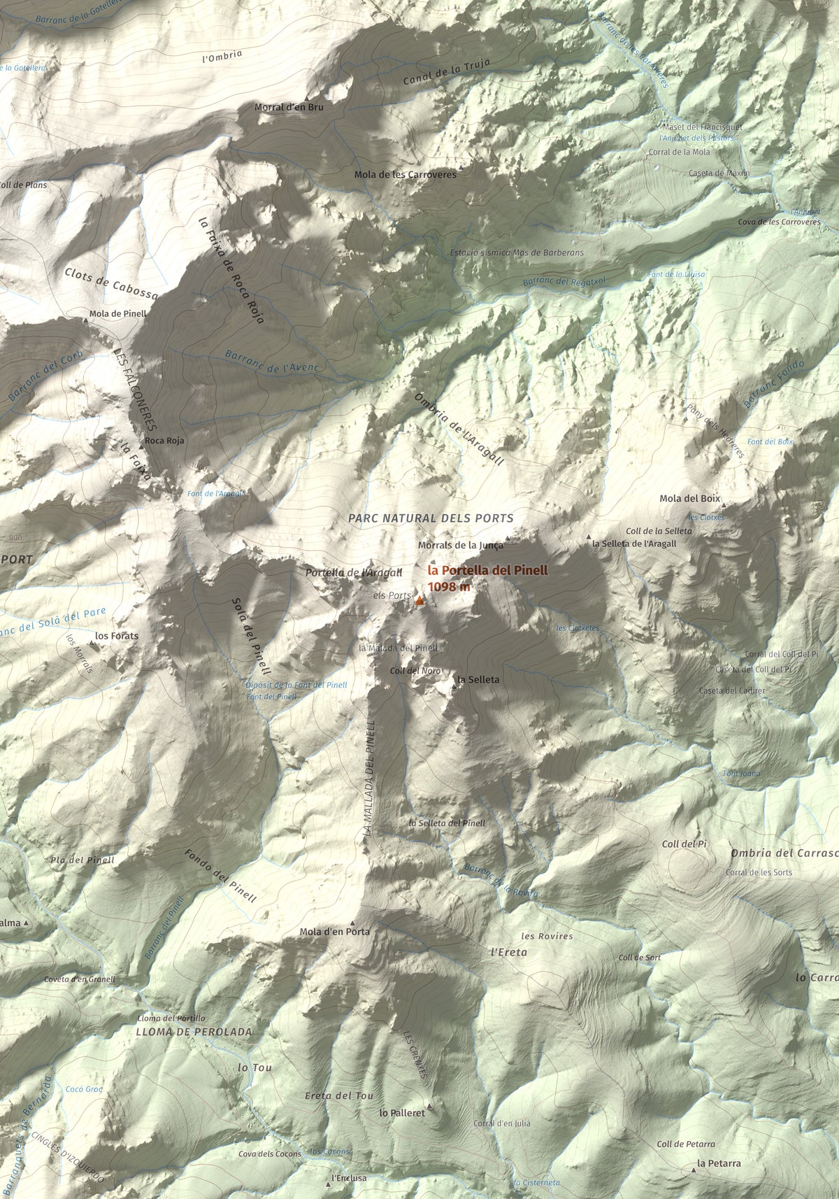 Mapa de relieve de la Portella del Pinell, 1098 m, Montsià, lámina 100 Cims de Trobart. Detalle de la zona central. 70 × 100 cm.