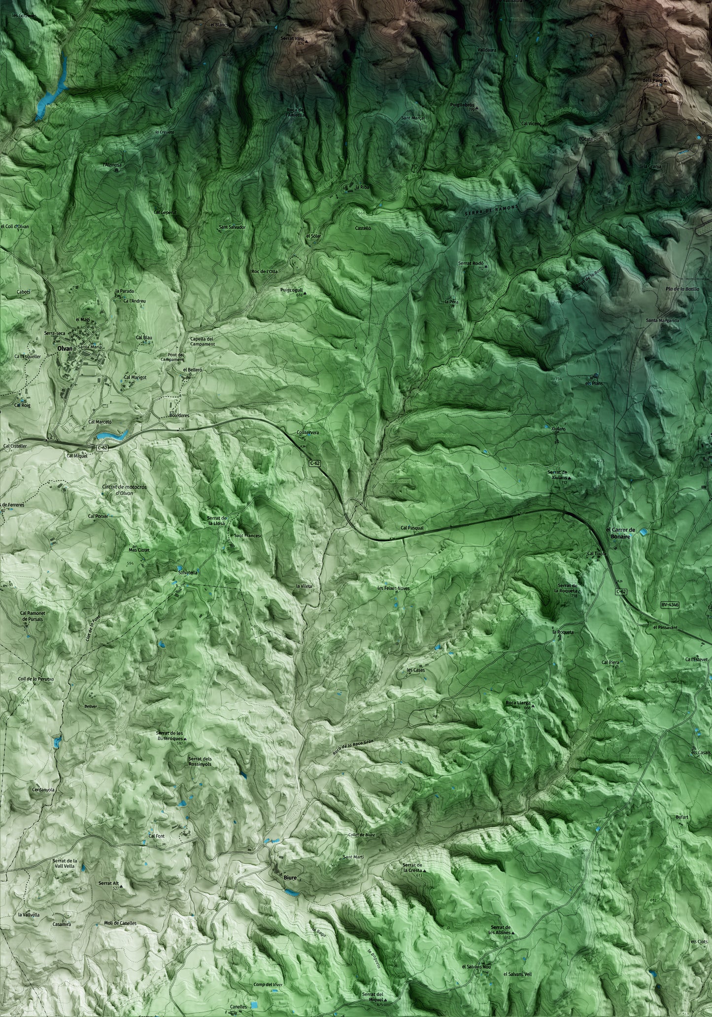 Mapa artístico del relieve de la Quar, al Berguedà, con 15 km de entorno y base topográfica ICGC. Detalle de la zona inferior izquierda.