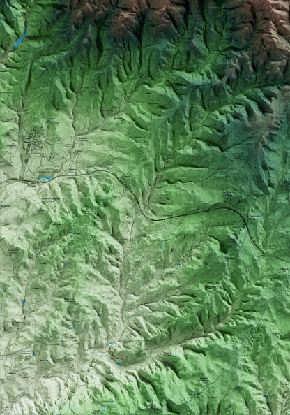 Mapa artístico del relieve de la Quar, al Berguedà, con 15 km de entorno y base topográfica ICGC. Detalle de la zona inferior izquierda.
