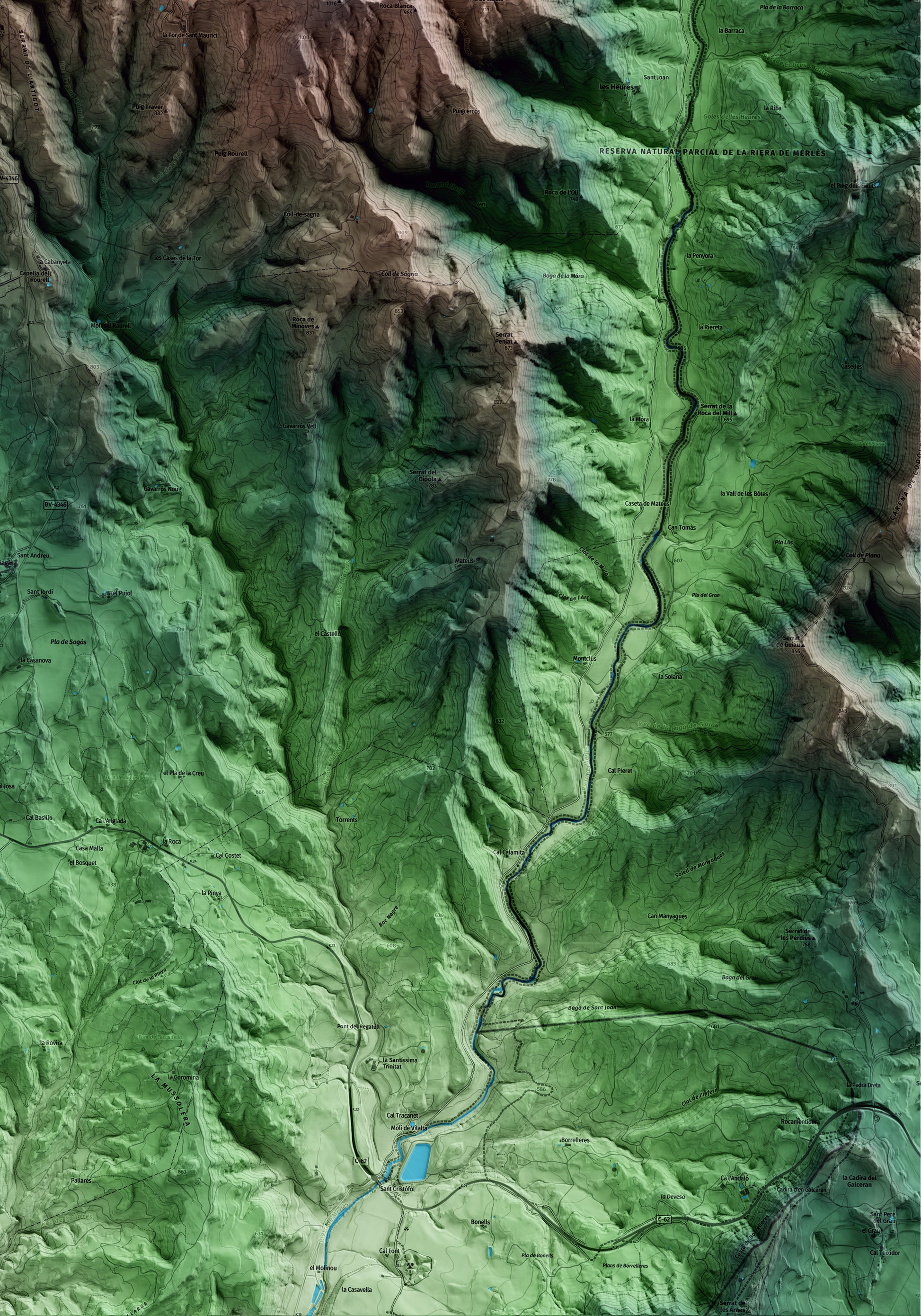 Mapa artístico del relieve de la Quar, al Berguedà, con 15 km de entorno y base topográfica ICGC. Detalle de la zona inferior derecha.