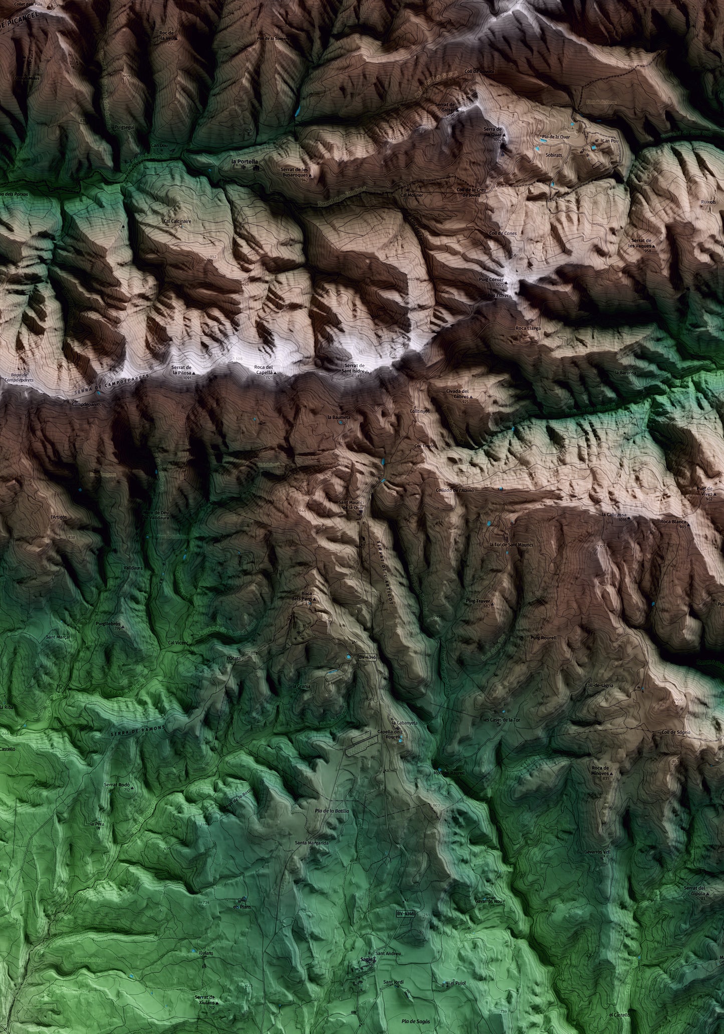 Mapa artístico del relieve de la Quar, al Berguedà, con 15 km de entorno y base topográfica ICGC. Detalle de la zona central.