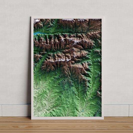 Mapa artístico del relieve de la Quar, al Berguedà, con 15 km de entorno y base topográfica ICGC. Presentación enmarcada.