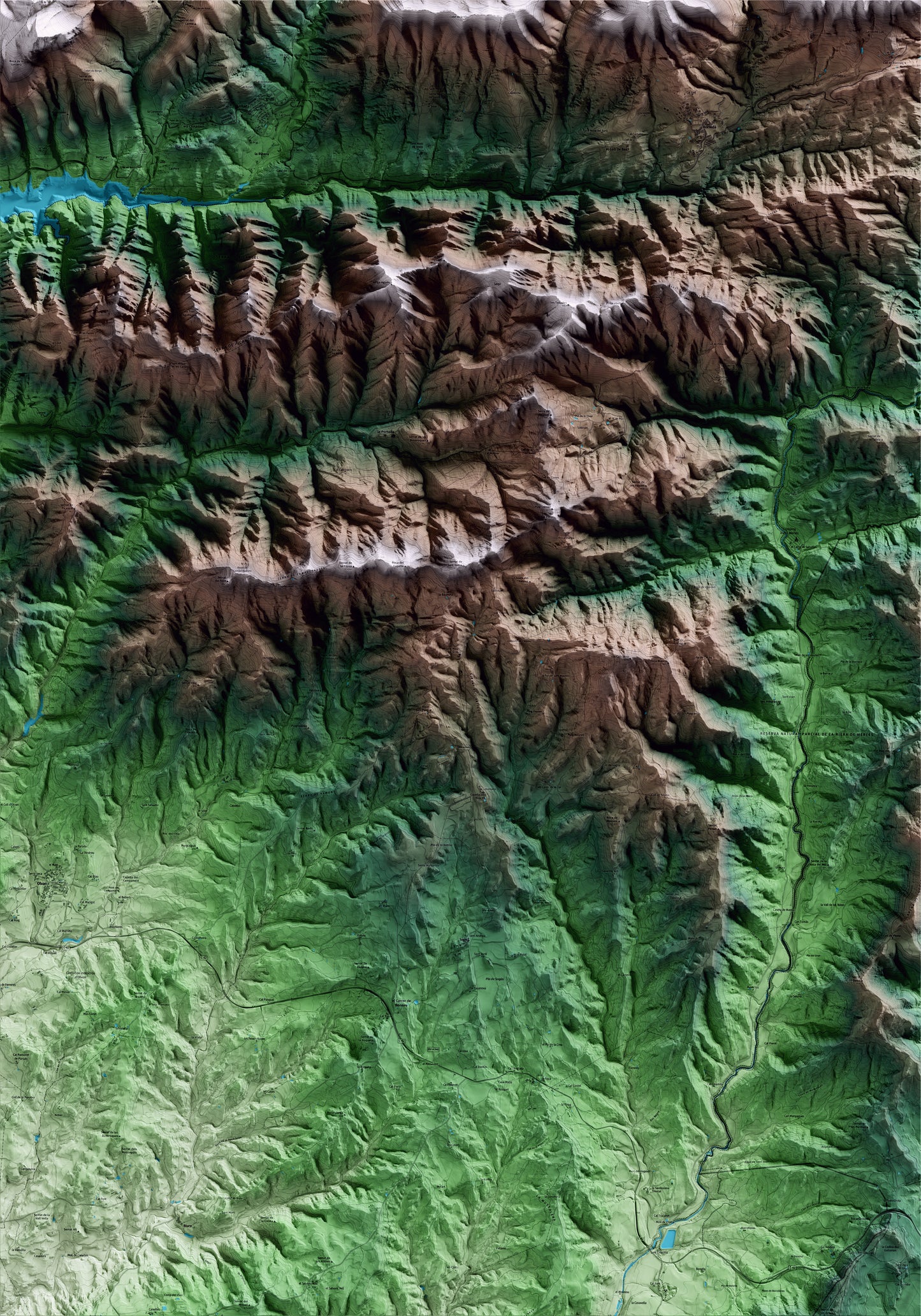 Mapa artístico del relieve de la Quar, al Berguedà, con 15 km de entorno y base topográfica ICGC