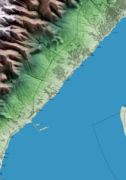 Mapa artístico del relieve de la Ràpita, al Montsià, con 15 km de entorno y base topográfica ICGC. Detalle de la zona inferior izquierda.